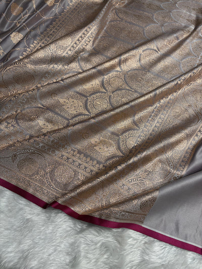 Grey  Banarasi Jaal Satin Katan Silk Saree SK06