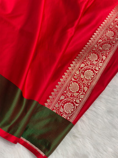 Red With Dark Greeen Shades Border Banarasi Booti Pattern Mashru Silk Saree MSM-141