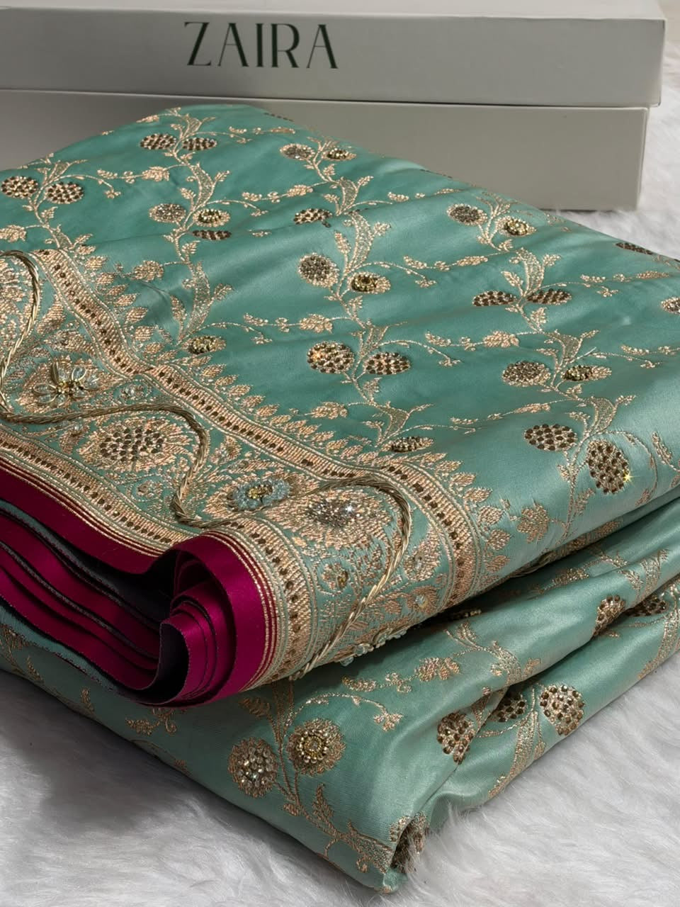Pastel Sea Green Shades Cross With Swarovski and Zardozi Work Satin Katan Silk Saree BSK17