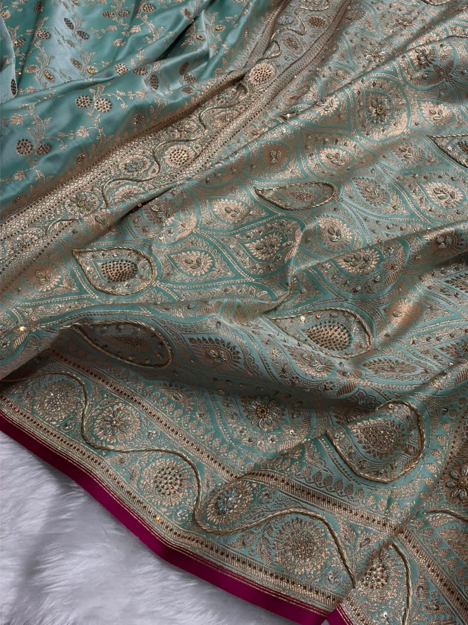 Pastel Sea Green Shades Cross With Swarovski and Zardozi Work Satin Katan Silk Saree BSK17