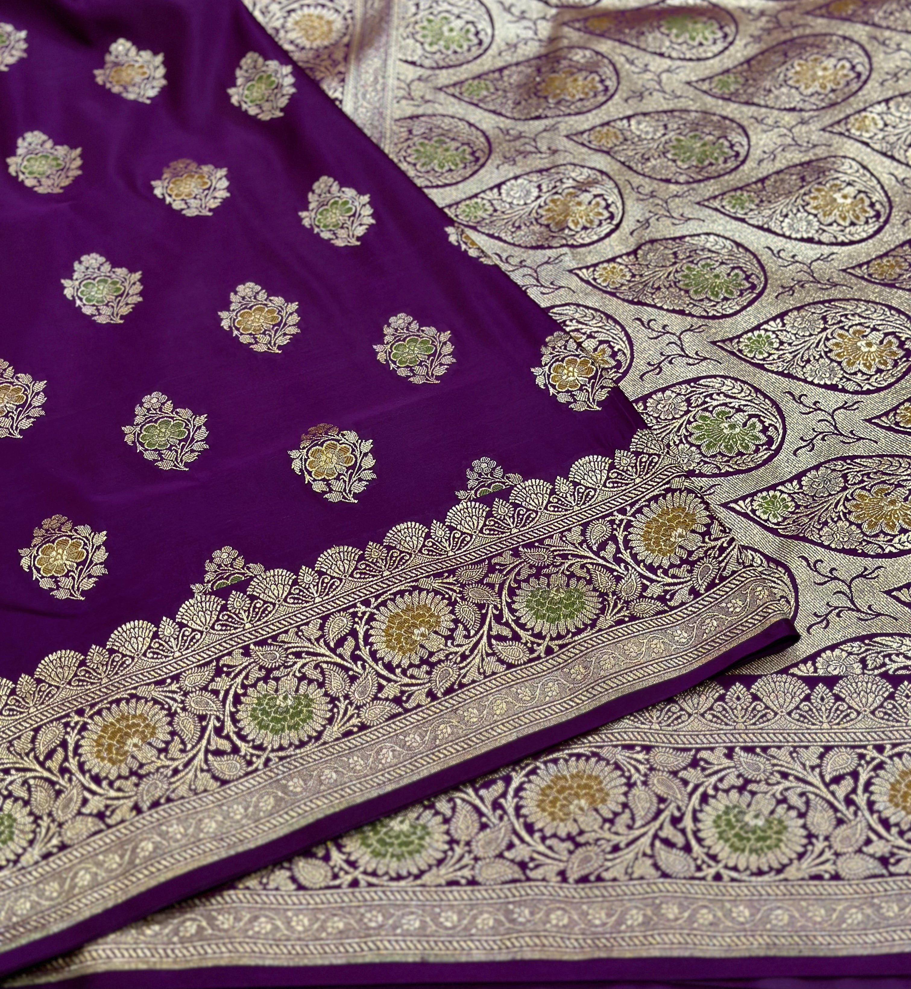 Mashru Katan Meena Silk Saree in Purple Shades.