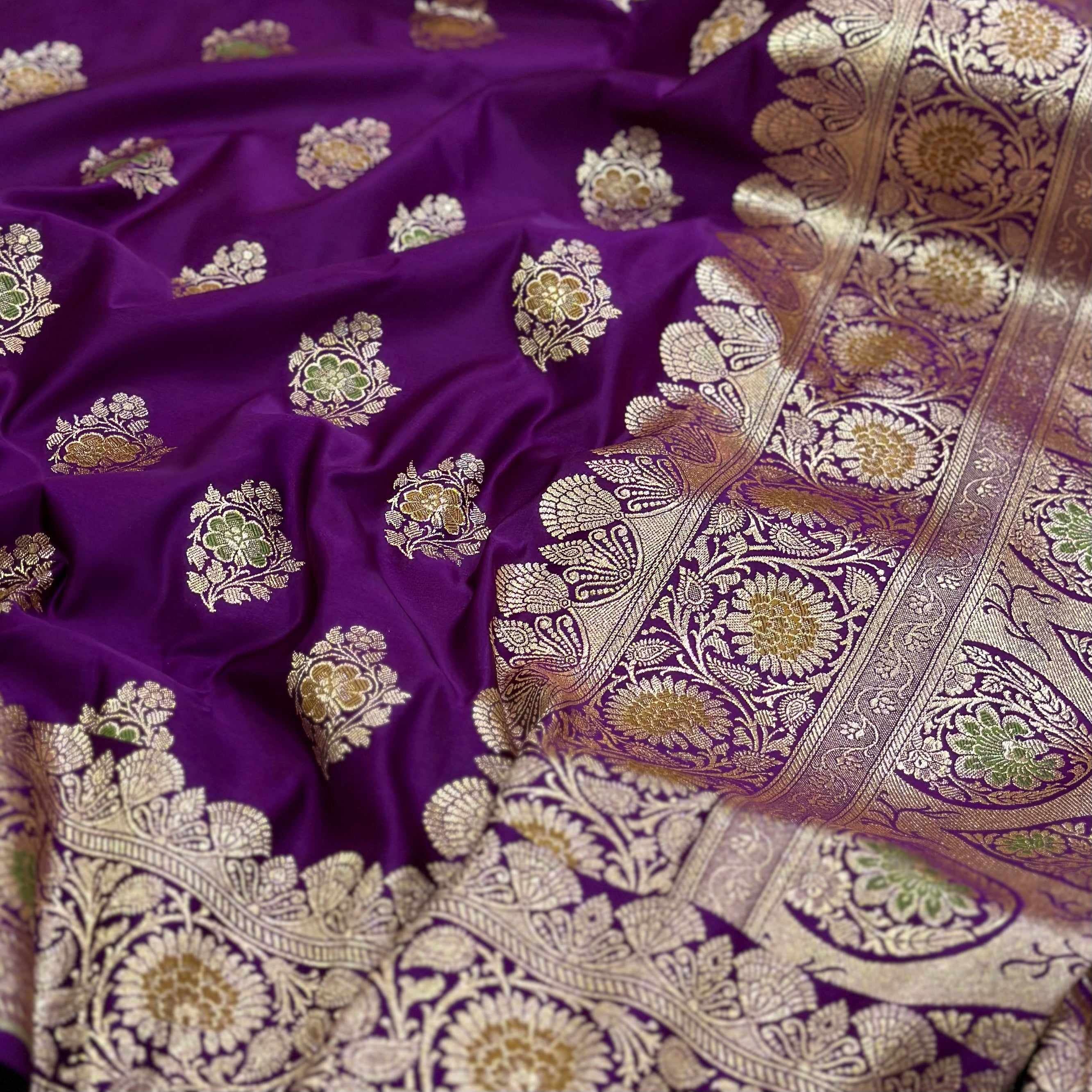 Mashru Katan Meena Silk Saree in Purple Shades.