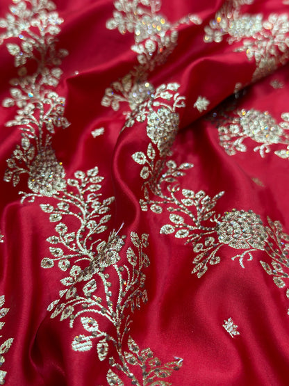 Bridal Red Katan Silk Saree with Heavy Swarovski Work