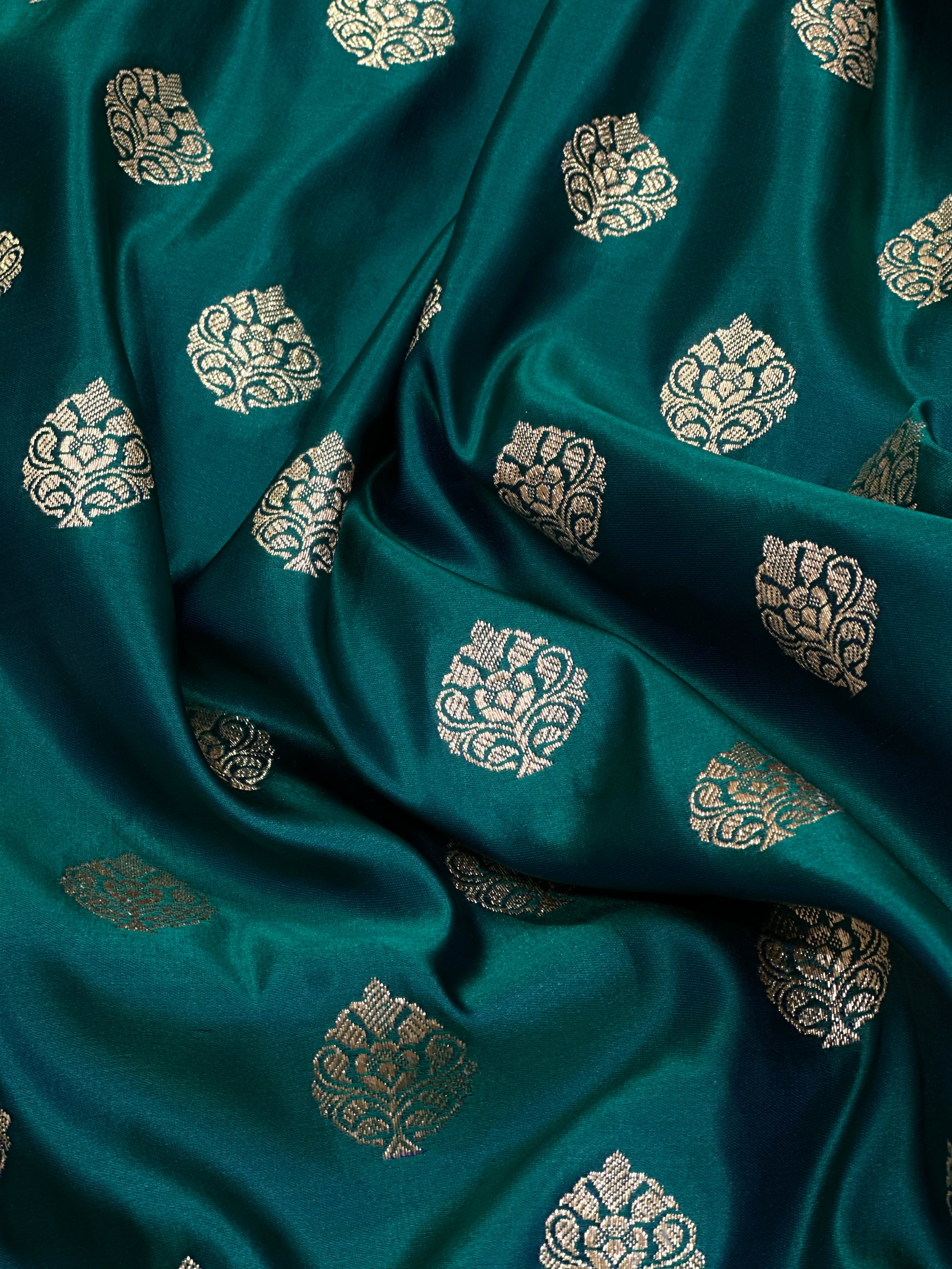 Boota Katan Silk Saree In Peacock Green Shades