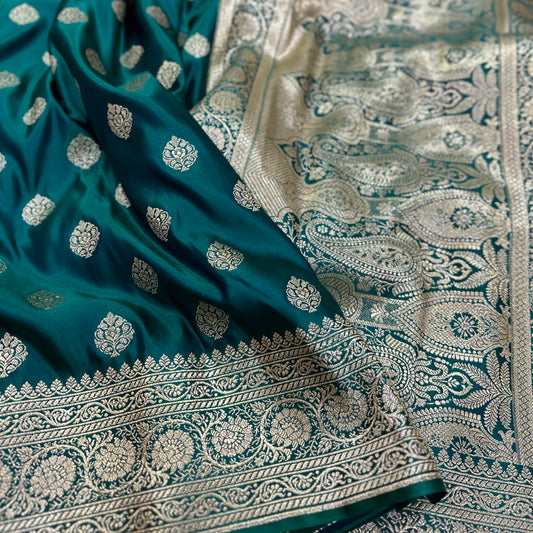 Boota Katan Silk Saree In Peacock Green Shades