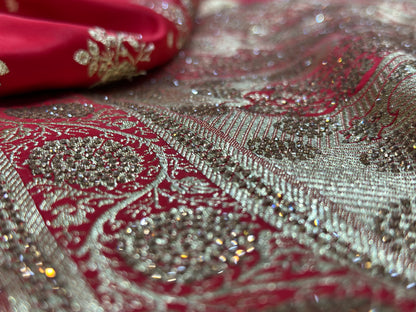 Bridal Red Katan Silk Saree with Heavy Swarovski Work