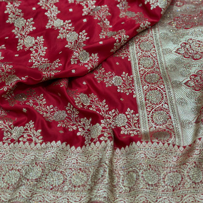 Bridal Red Katan Silk Saree with Heavy Swarovski Work