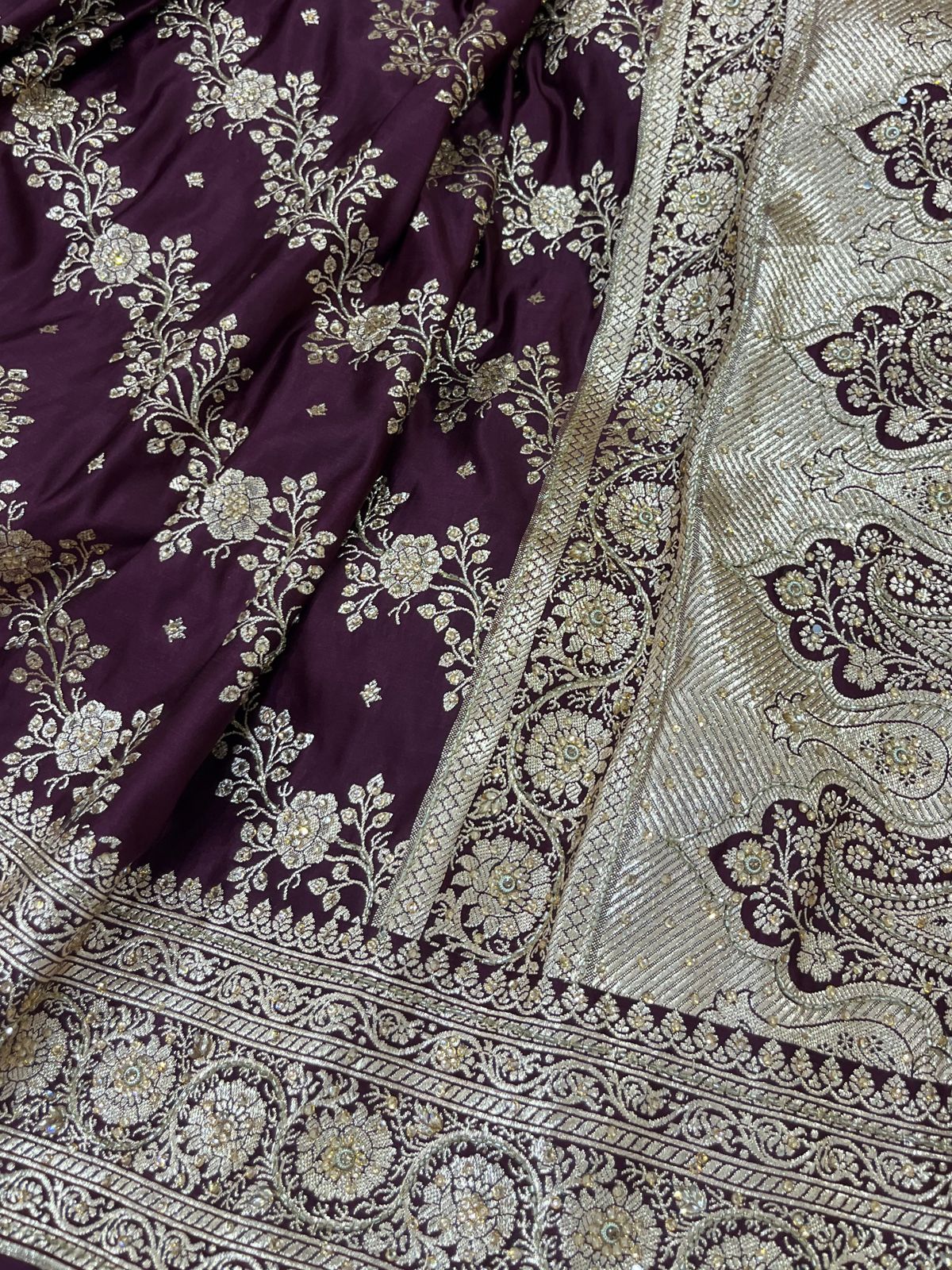 Chocolate Katan Silk Saree with Ari and Stone Work