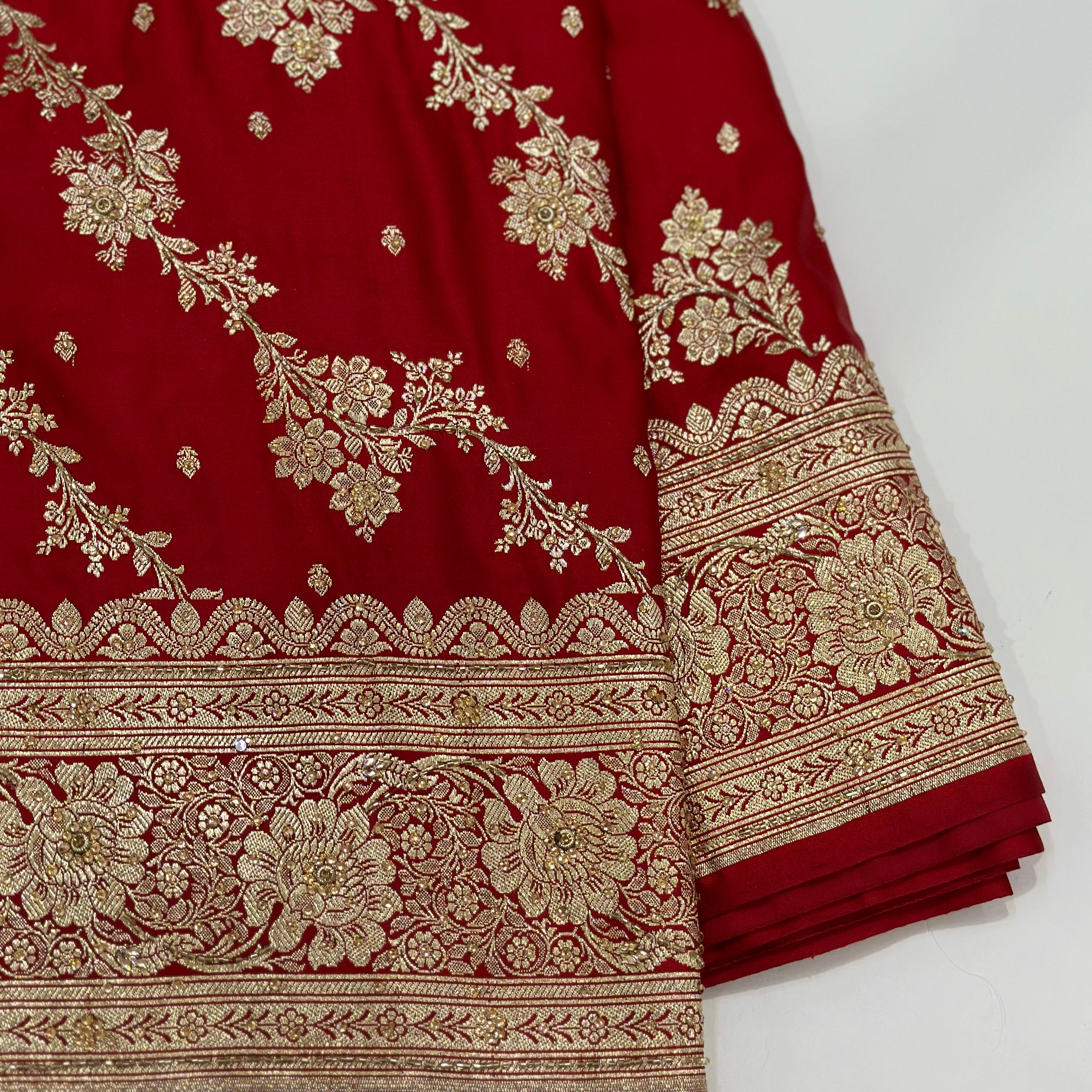 Red Katan Silk Saree with Ari and Stone Work – ZAIRA