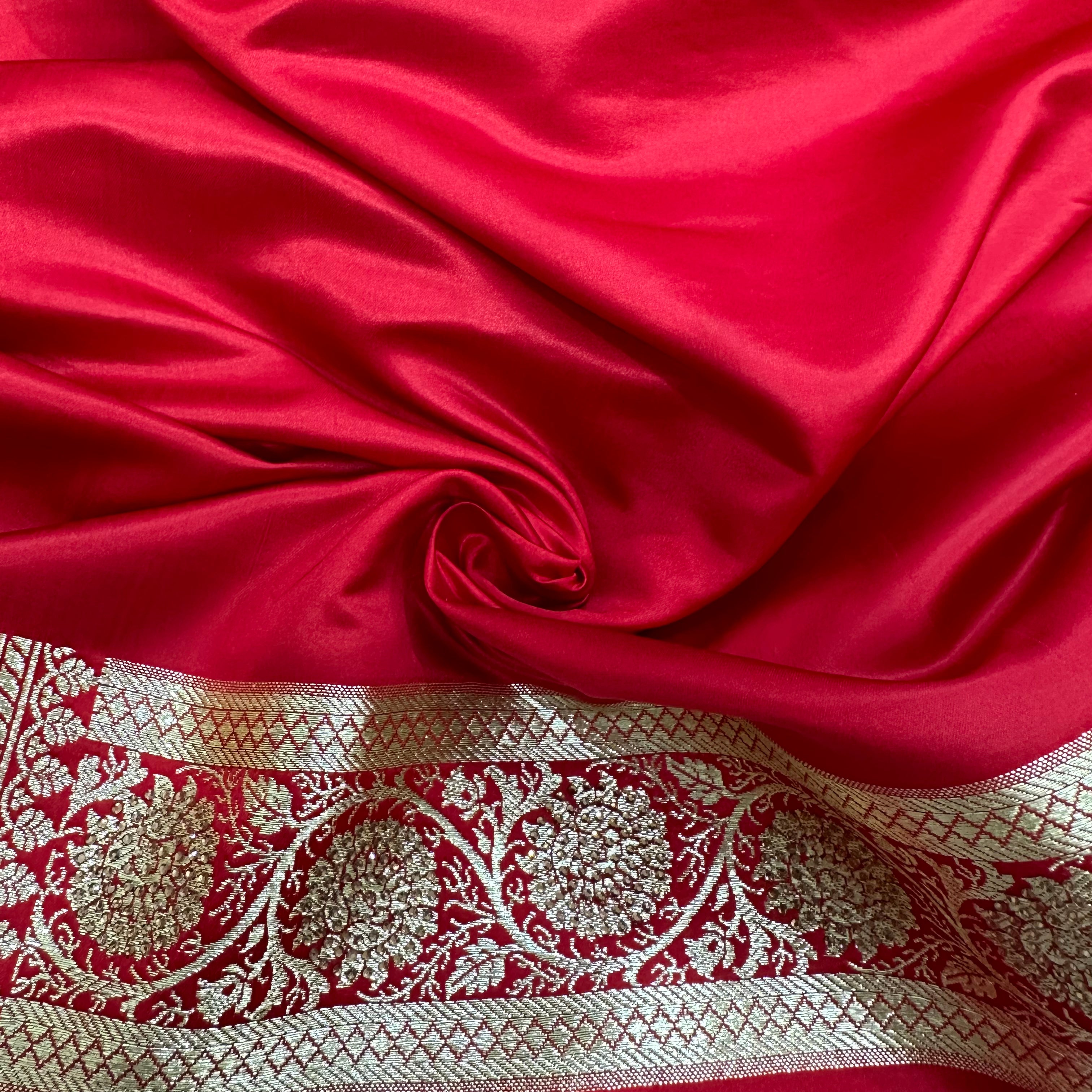 Bridal Red Katan Silk Saree with Heavy Swarovski Work