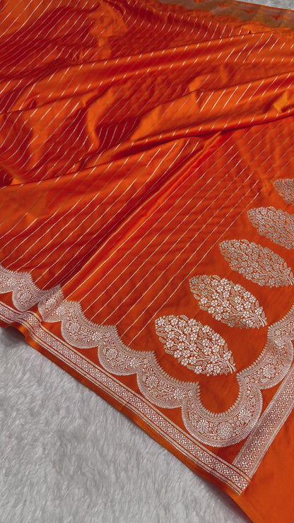Orange Scallop Strip Mashru Silk Banarasi Saree