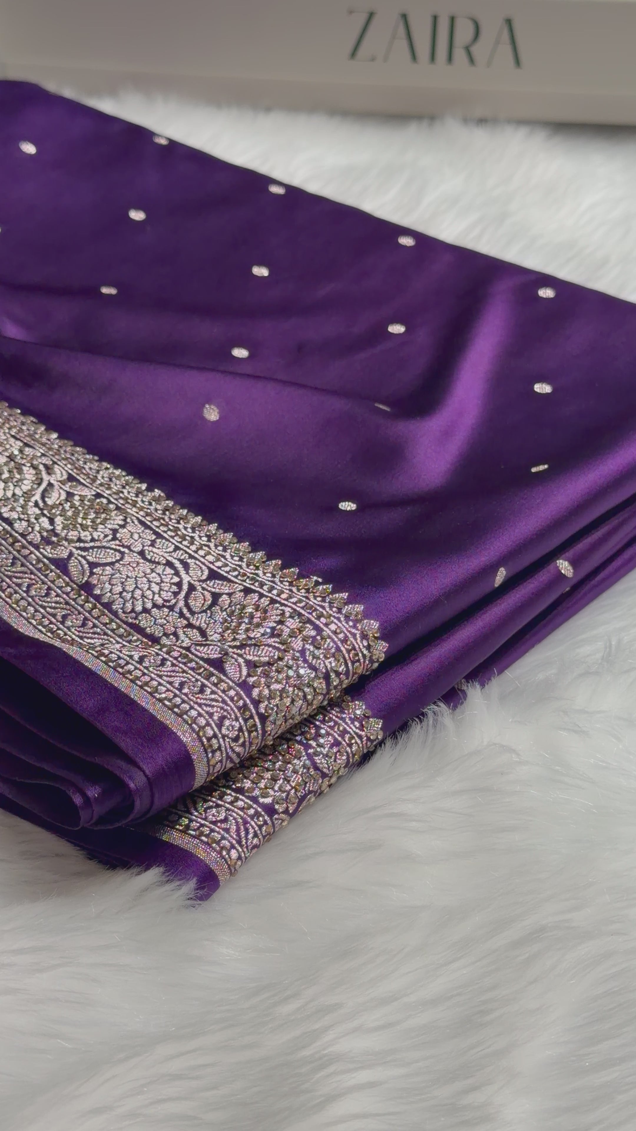 Load video: Banarasi Purple Shades Booti With Swarovski Stone Work Mashru Silk Saree BMCS65