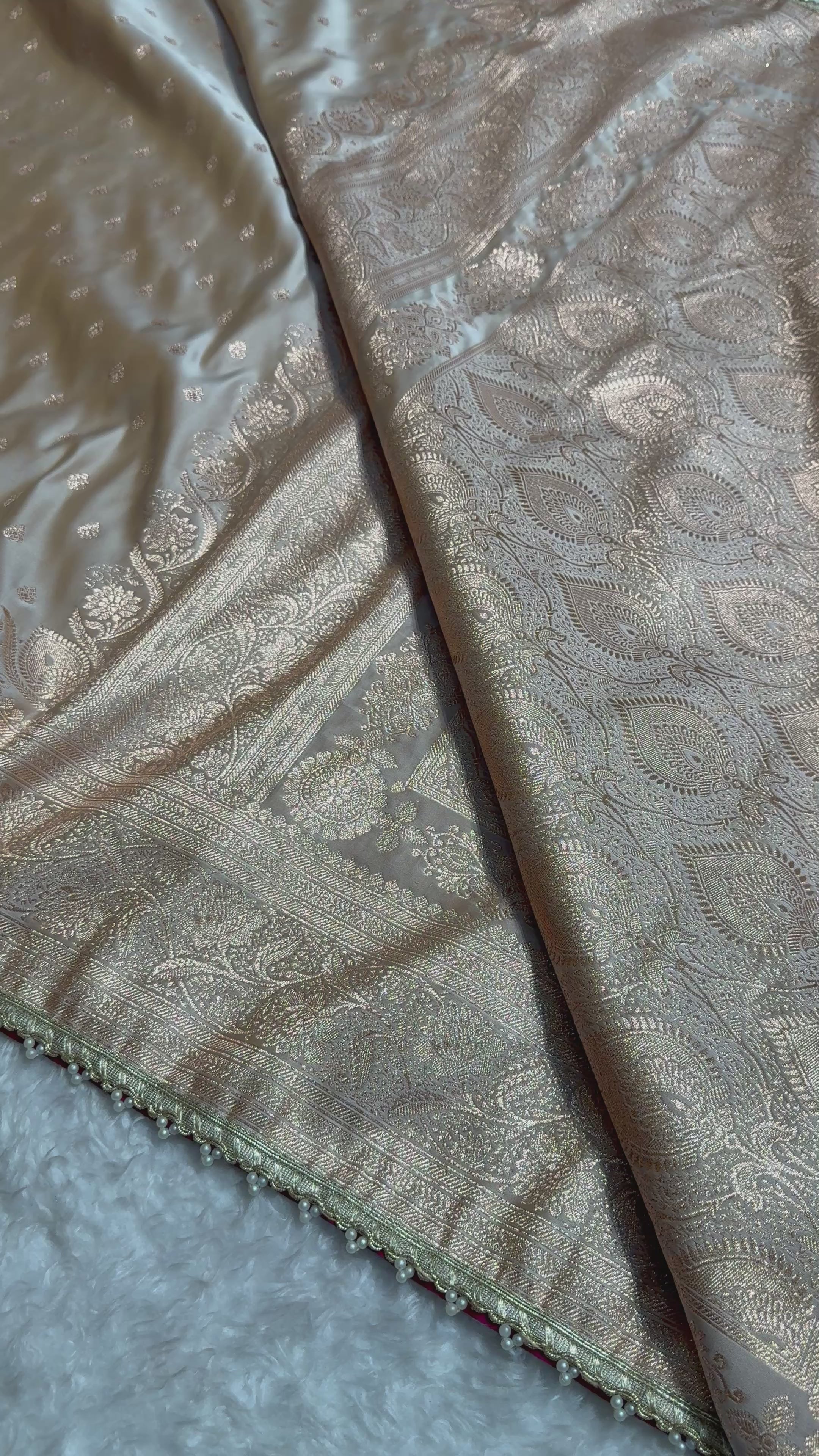 Beige Booti Satin Katan Silk Saree with Gota Patti