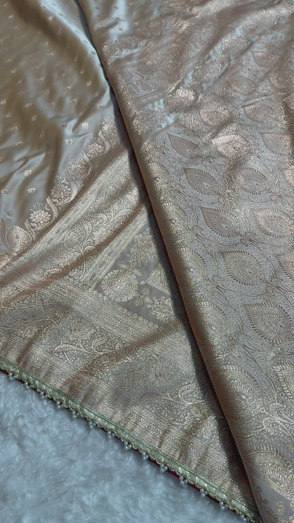 Beige Booti Satin Katan Silk Saree with Gota Patti