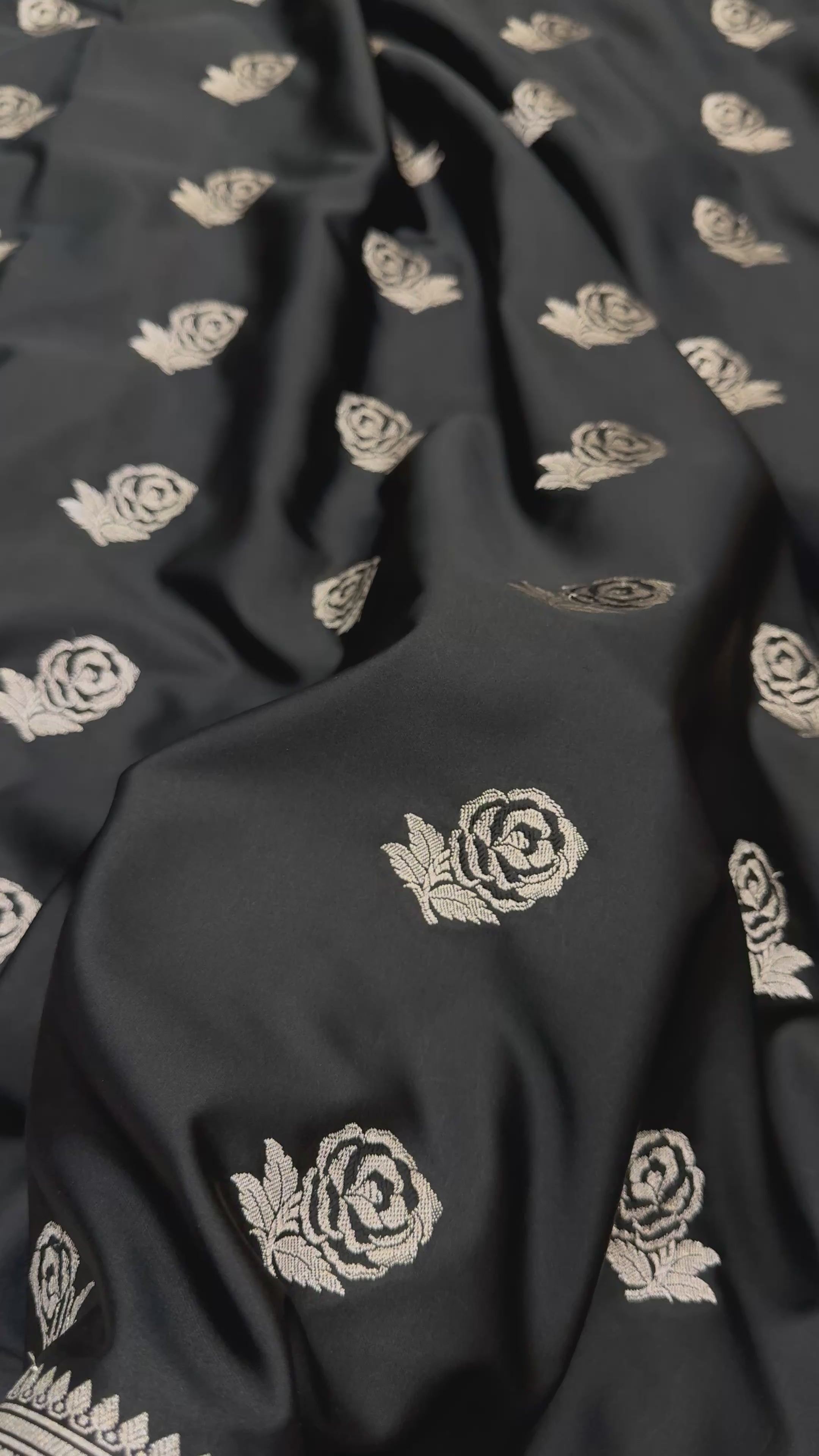 Black Rose Motif Mashru Silk Saree