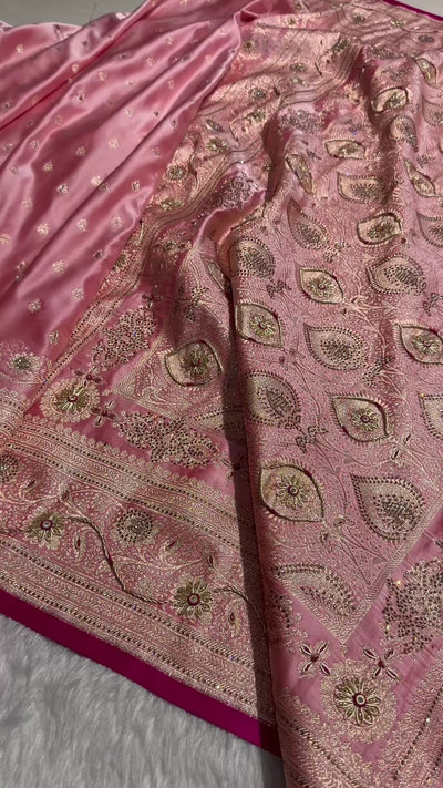 Banarasi Satin Katan Silk Saree With Ari Zardozi And Swarovski Work In Baby Pink Shades BSK08