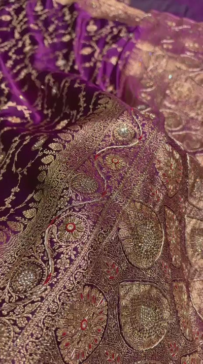 Banarasi Satin Katan Saree With Heavy Zardozi Work in Deep Purple Shades BSK113