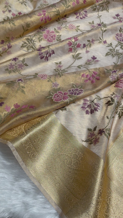 Beige Gold Shades With Floral Embroidered Pure Tissue Silk Saree with Brocade Blouse PTE-01