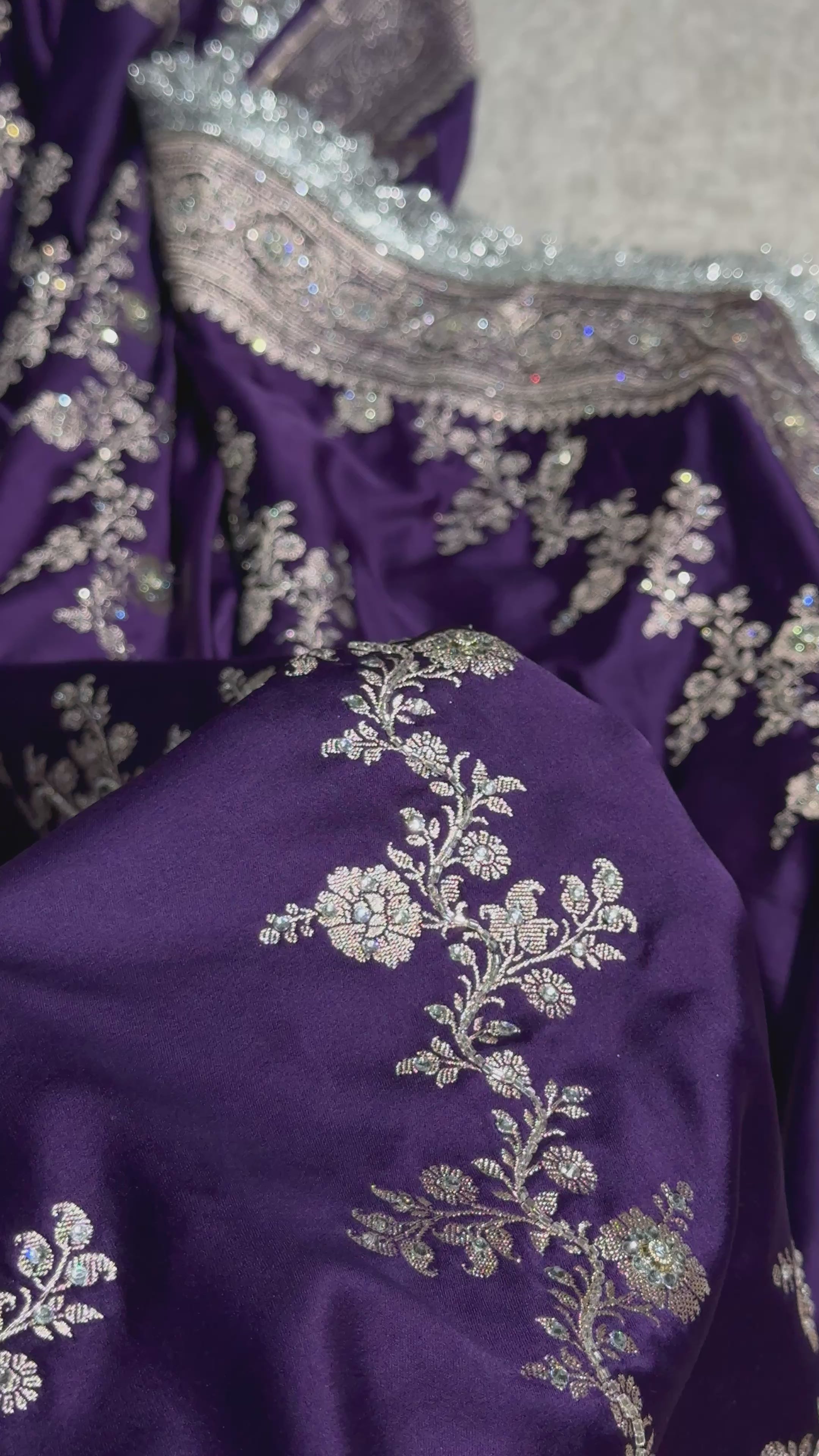 Purple shade Mashru Silk with Ari and stone work with Silver Gotta Patti