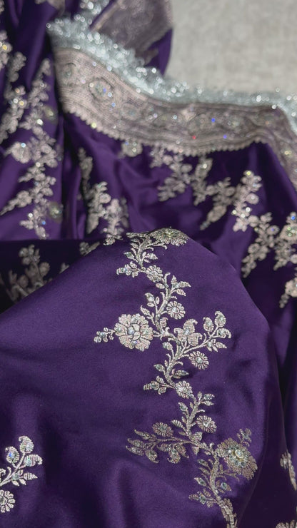 Purple shade Mashru Silk with Ari and stone work with Silver Gotta Patti