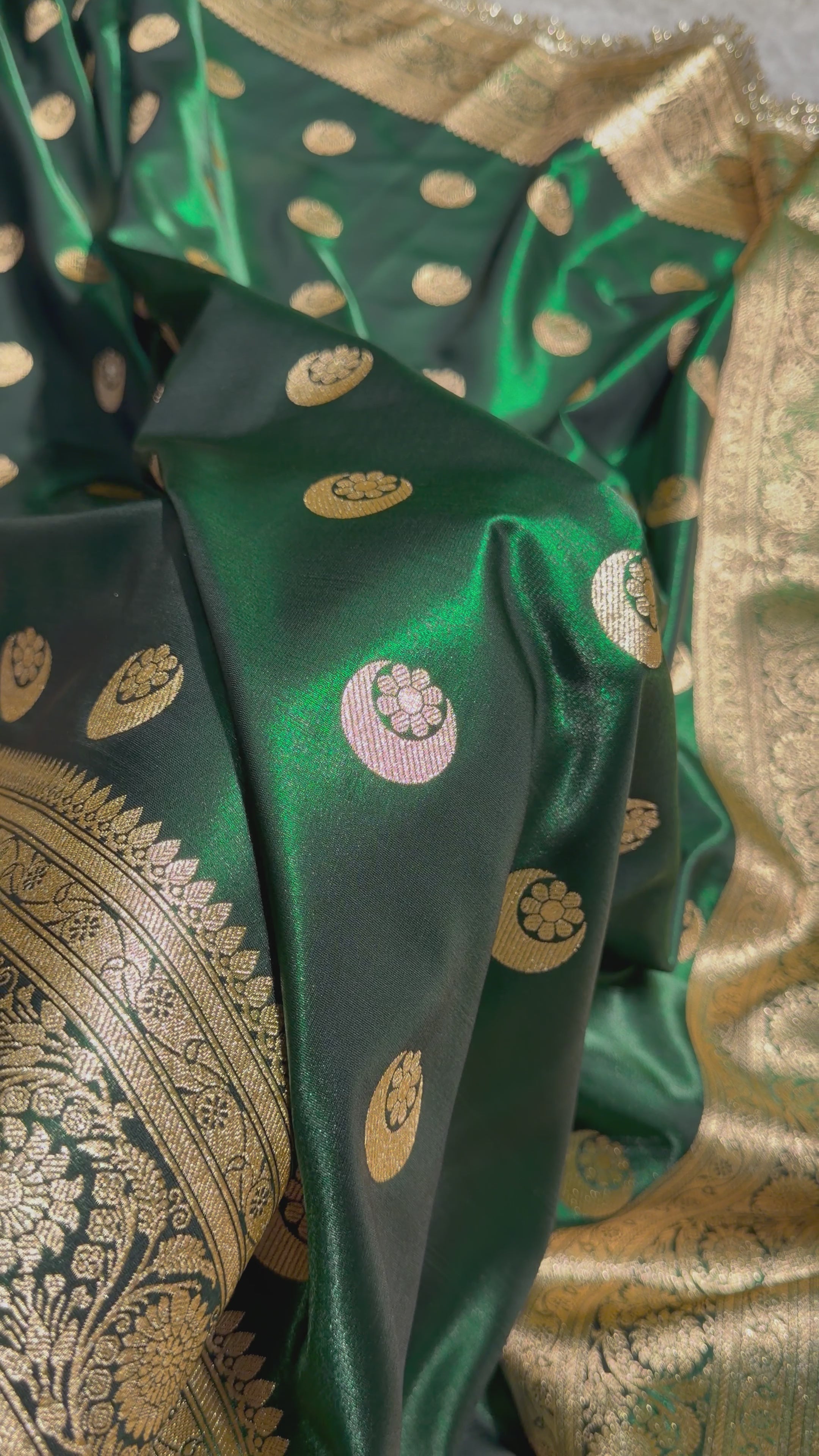 Load video: Bottle Green Chand Tara Satin Silk Saree with gotta patti SSGP04