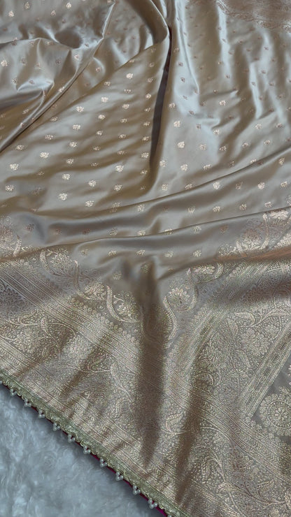 Beige Booti Satin Katan Silk Saree with Gota Patti