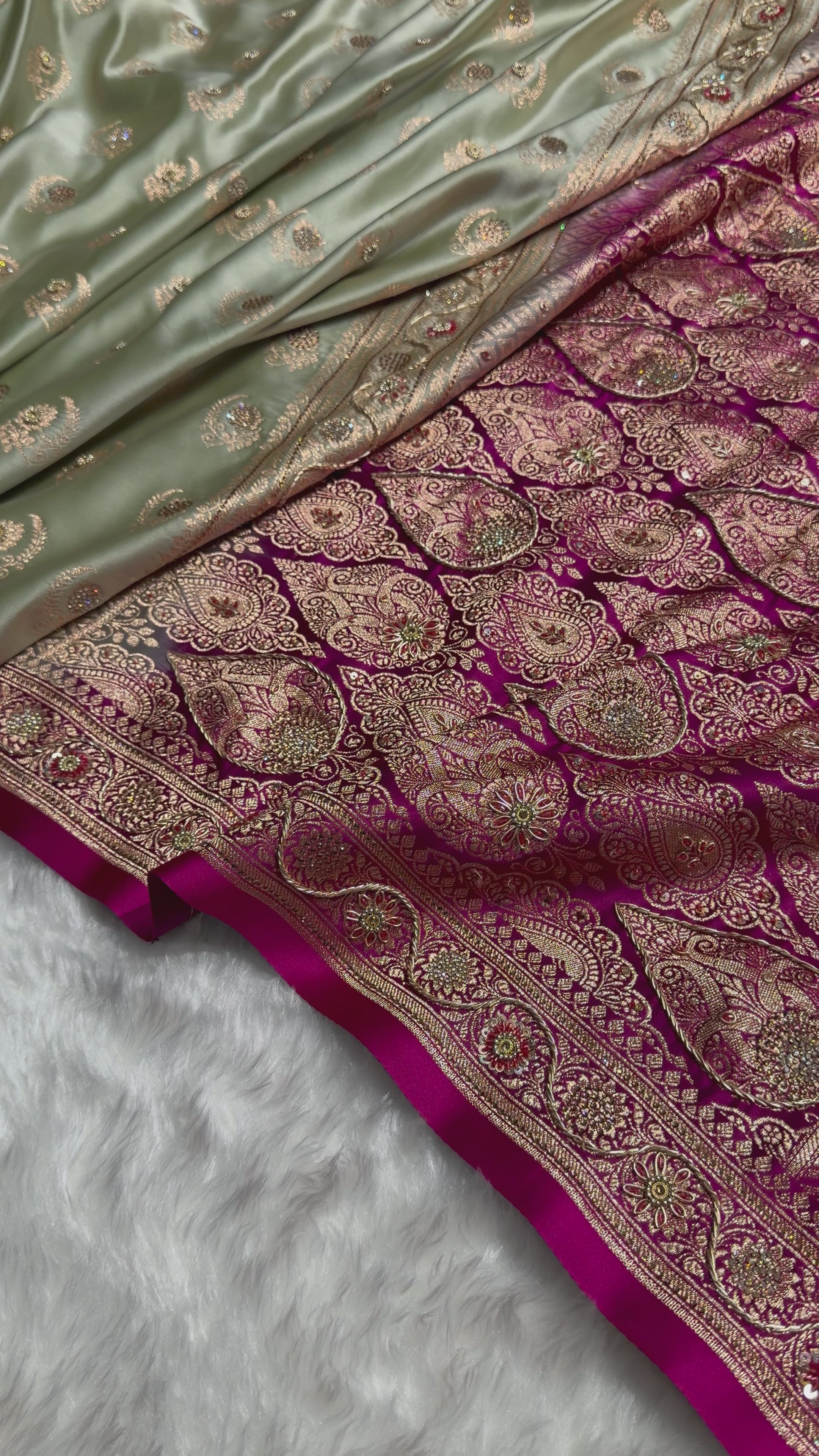 Light Mehandi with Wine Contrast Floral Boota With Swarovski & Zardozi Work Satin Katan Silk saree BSK27
