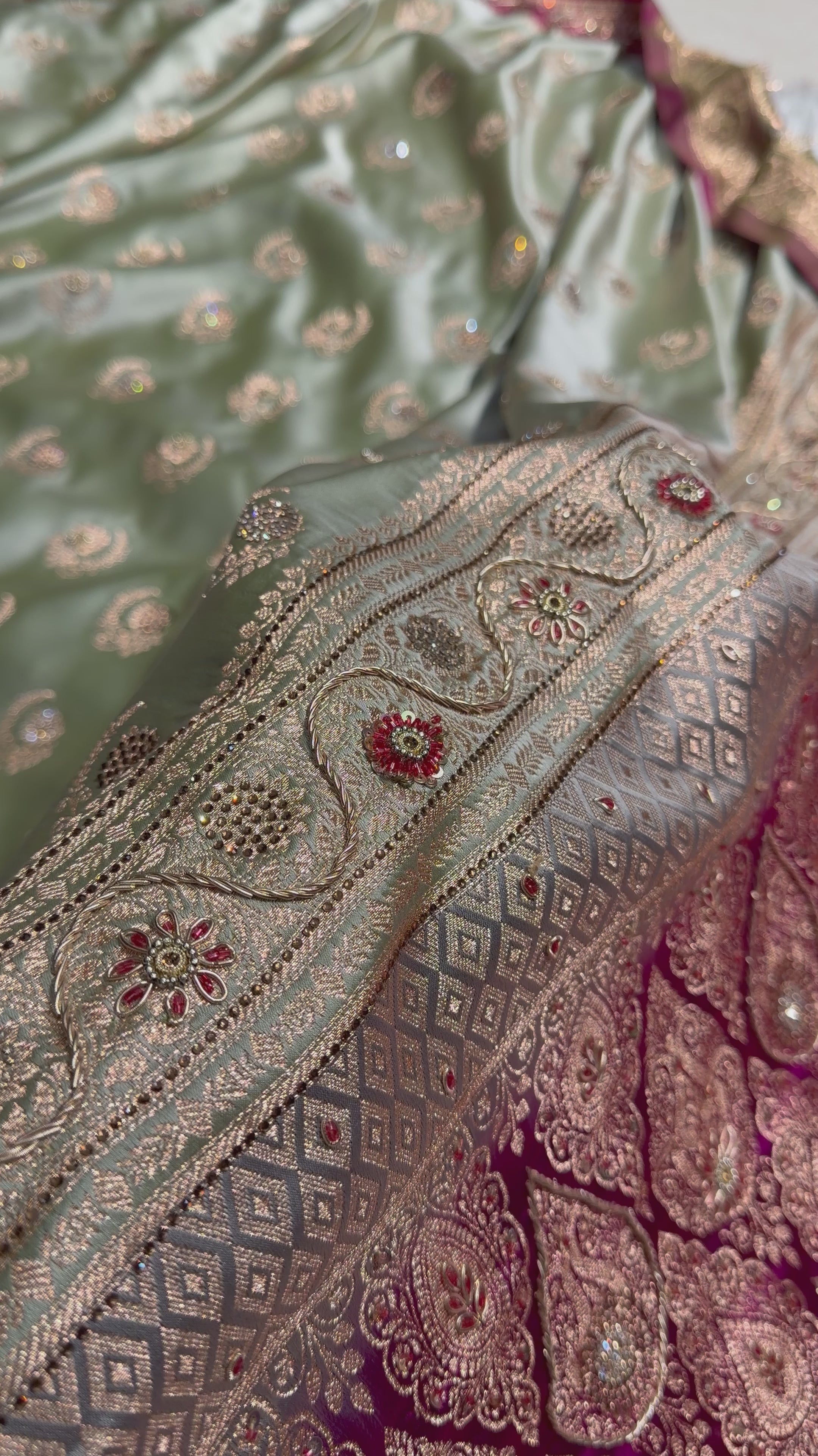 Load video: Light Mehandi with Wine Contrast Floral Boota With Swarovski &amp; Zardozi Work Satin Katan Silk saree BSK27