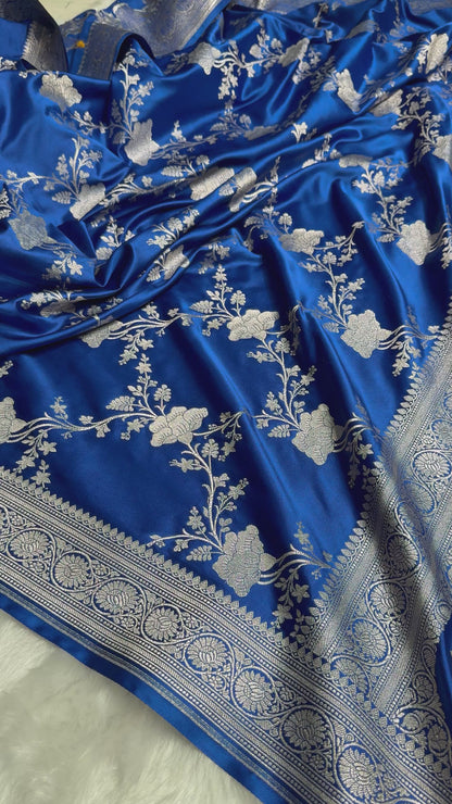 Banarasi Royal Blue Shades Jaal Mashru Silk Saree