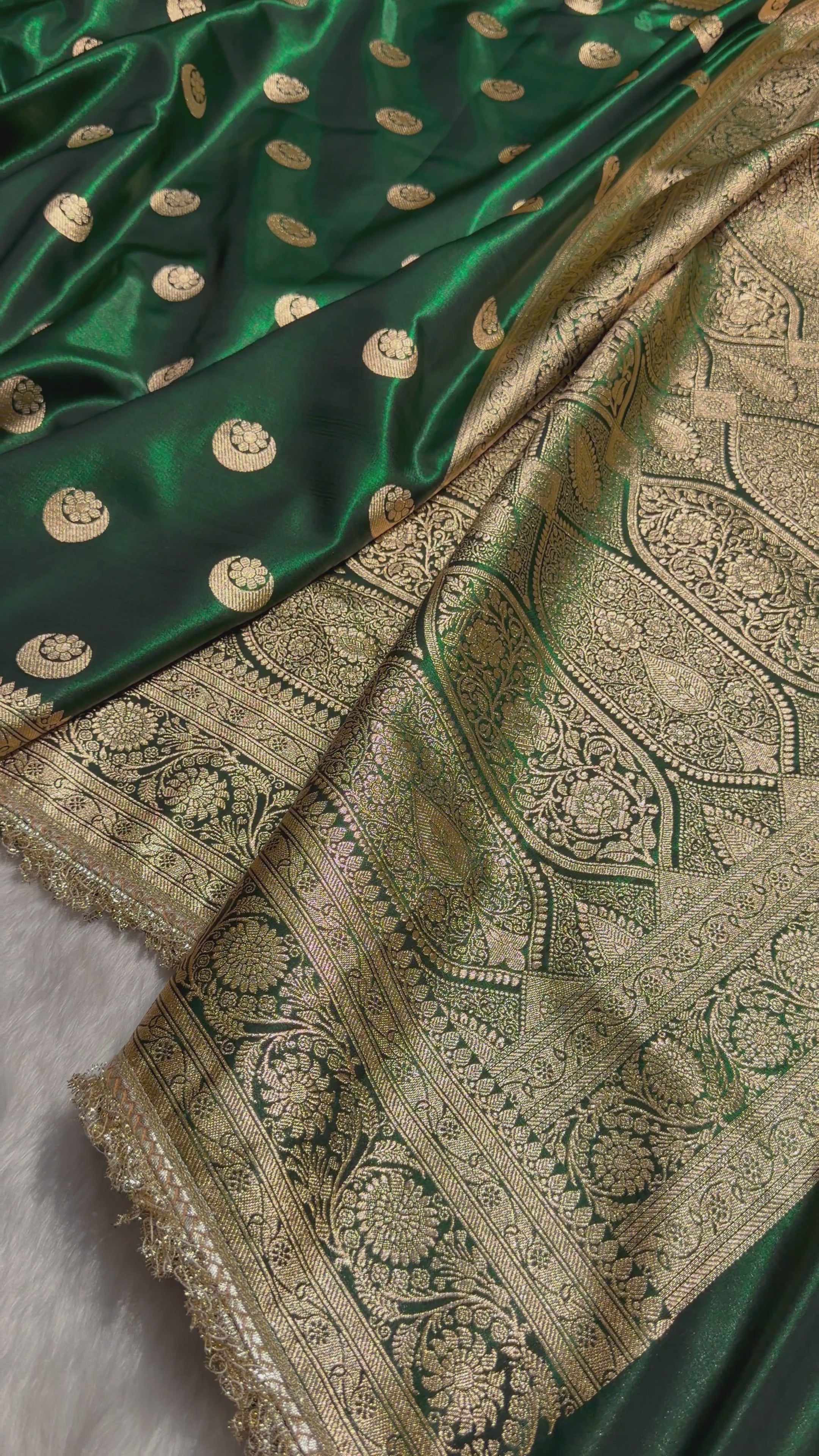 Load video: Bottle Green Chand Tara Satin Silk Saree with gotta patti SSGP04