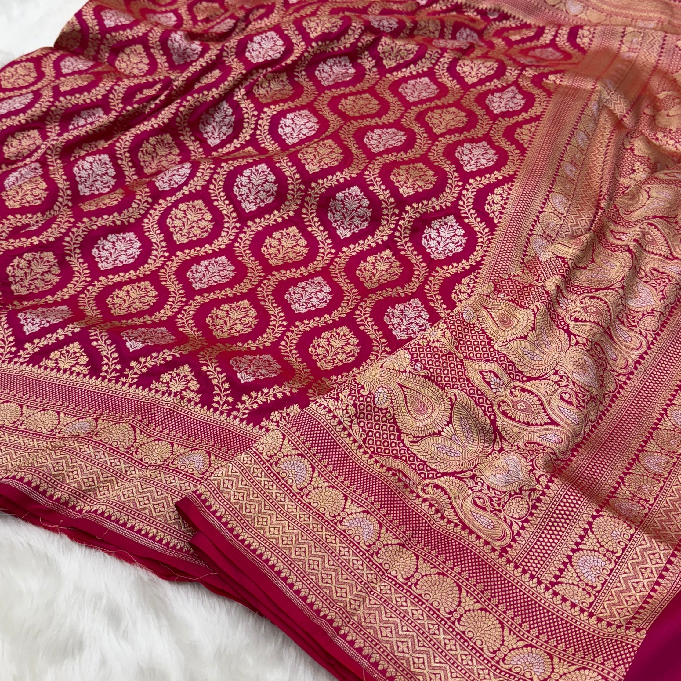 Reddish Pink Pure Katan Silk Bridal Saree for Weddings and Parties- ZP01