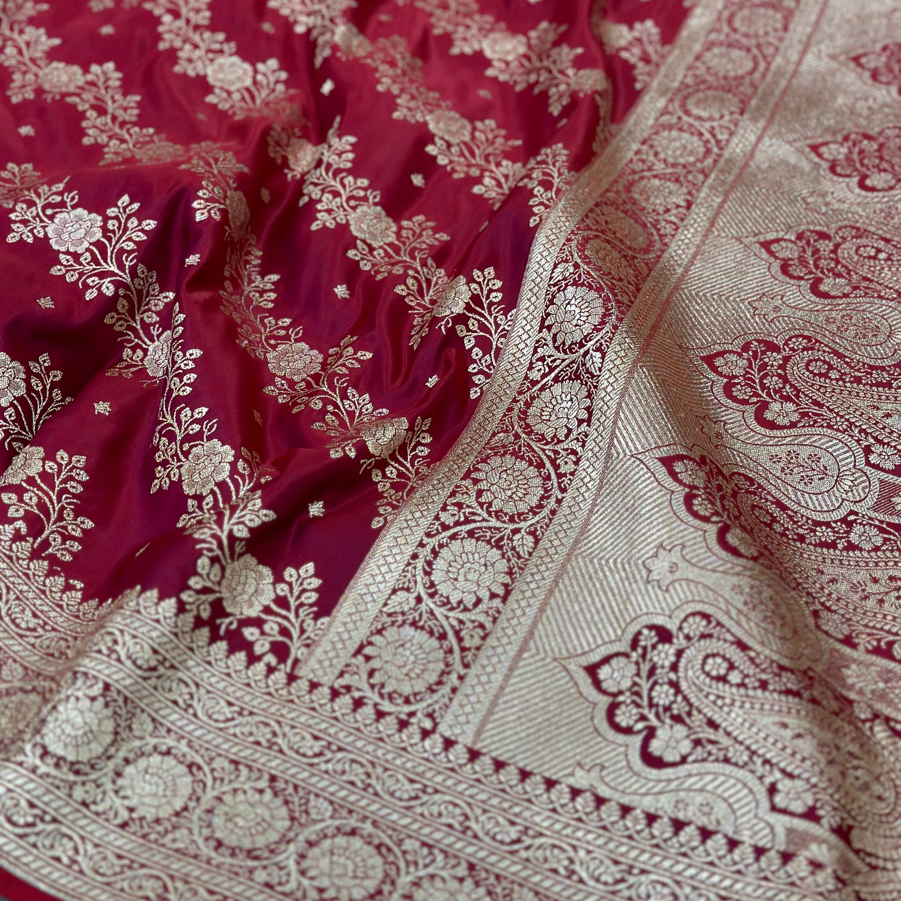 Katan Silk Saree In Red- Magenta Shades